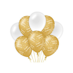 Ballonnen Happy Birthday goud wit 8 stuks