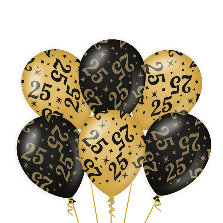 Ballonnen 25 jaar goud zwart 6 stuks