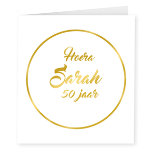 Wenskaart Hoera Sarah 50 jaar goud-wit