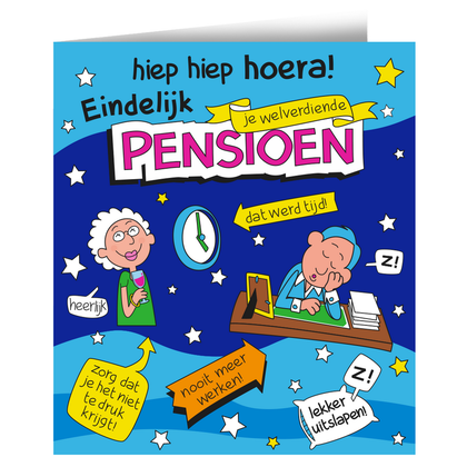 Wenskaart Hoera Eindelijk Pensioen blauw