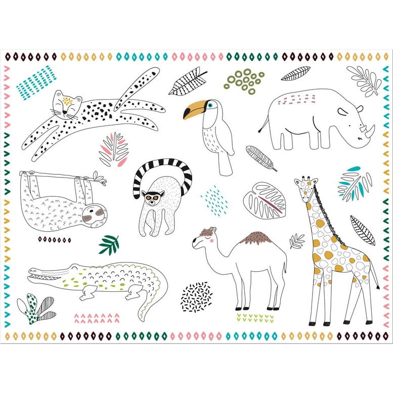 Placemat kleurplaat jungle en safari dieren 6 stuks