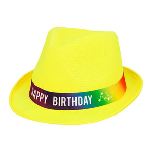 Hoed Happy Birthday geel Op is Op
