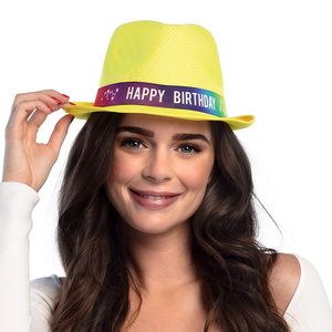 Hoed Happy Birthday geel Op is Op