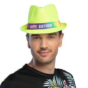 Hoed Happy Birthday fluor groen Op is Op