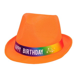 Hoed Happy Birthday fluor oranje