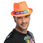 Hoed Happy Birthday fluor oranje Op is Op