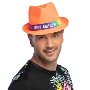 Hoed Happy Birthday fluor oranje Op is Op