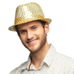 Hoed popstar met pailletten goud Op is Op