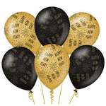 Ballonnen rondom Happy New Year goud zwart 6 stuks