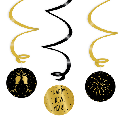 Hangdecoratie Happy New Year goud zwart 3 stuks