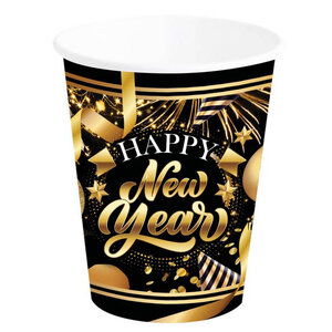 Bekertjes Happy New Year goud zwart 6 stuks Op is Op