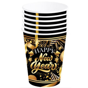 Bekertjes Happy New Year goud zwart 6 stuks Op is Op
