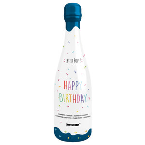 Partyfles Let it pop happy birthday blauw Op is Op