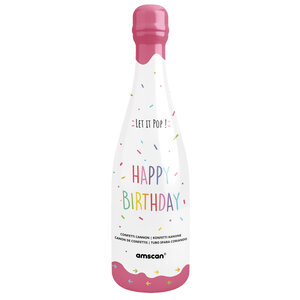 Partyfles Let it pop happy birthday roze Op is Op