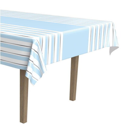 Tafelkleed blauw wit zilver gestreept Op is Op