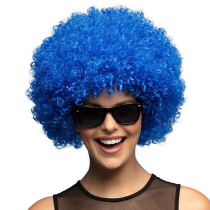 Pruik afro disco blauw luxe Op is Op
