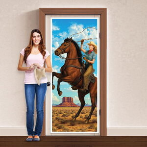 Deurposter Cowgirl op paard 183cm Op is Op