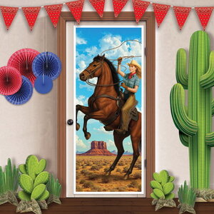 Deurposter Cowgirl op paard 183cm Op is Op