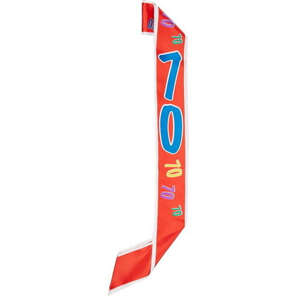 Sjerp 70 jaar rood met gekleurde cijfers Op is Op