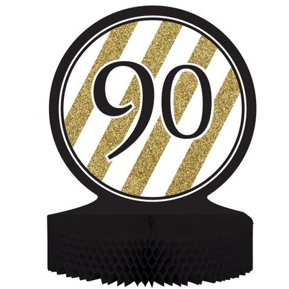 Tafeldecoratie 90 jaar stijlvol zwart-goud-wit Op is Op