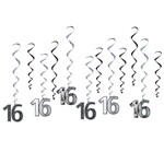 Hangdecoratie 16 jaar zwart zilver 12 stuks
