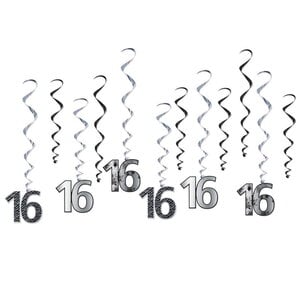Hangdecoratie 16 jaar zwart zilver 12 stuks