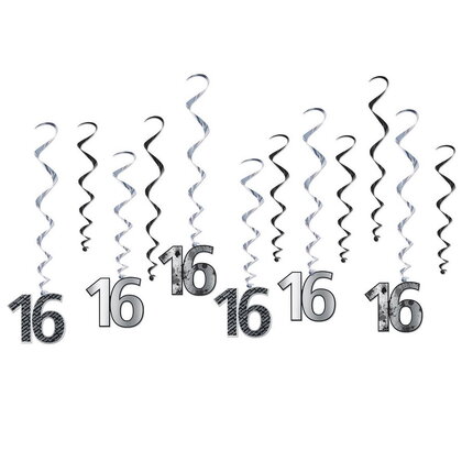Hangdecoratie 16 jaar zwart zilver 12 stuks