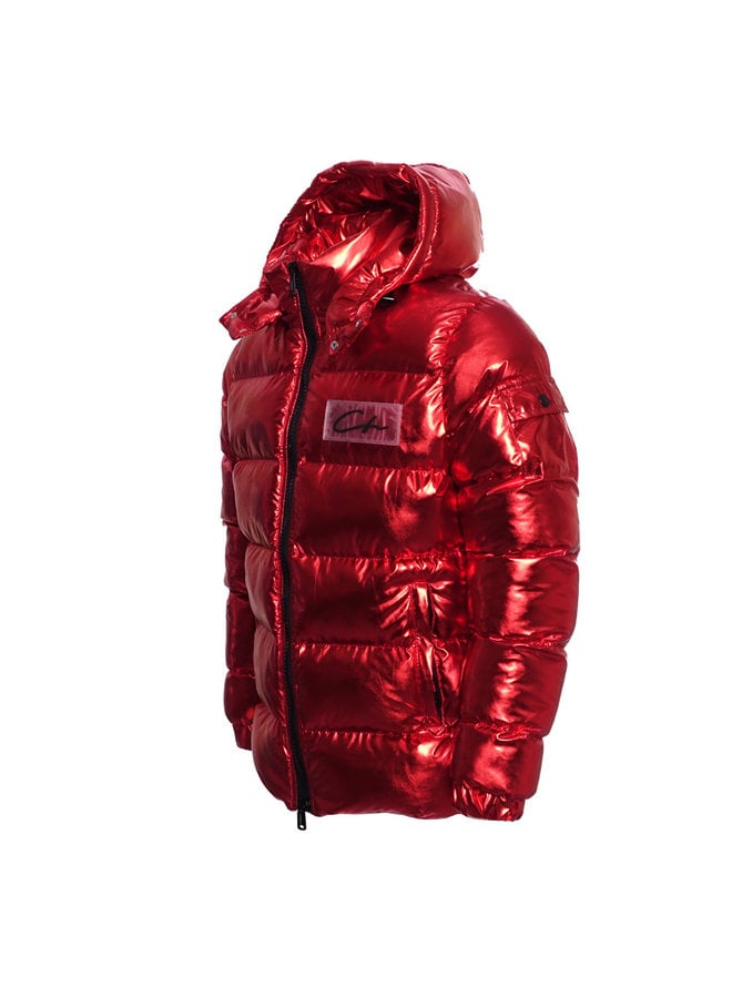 metallic red puffer jacket