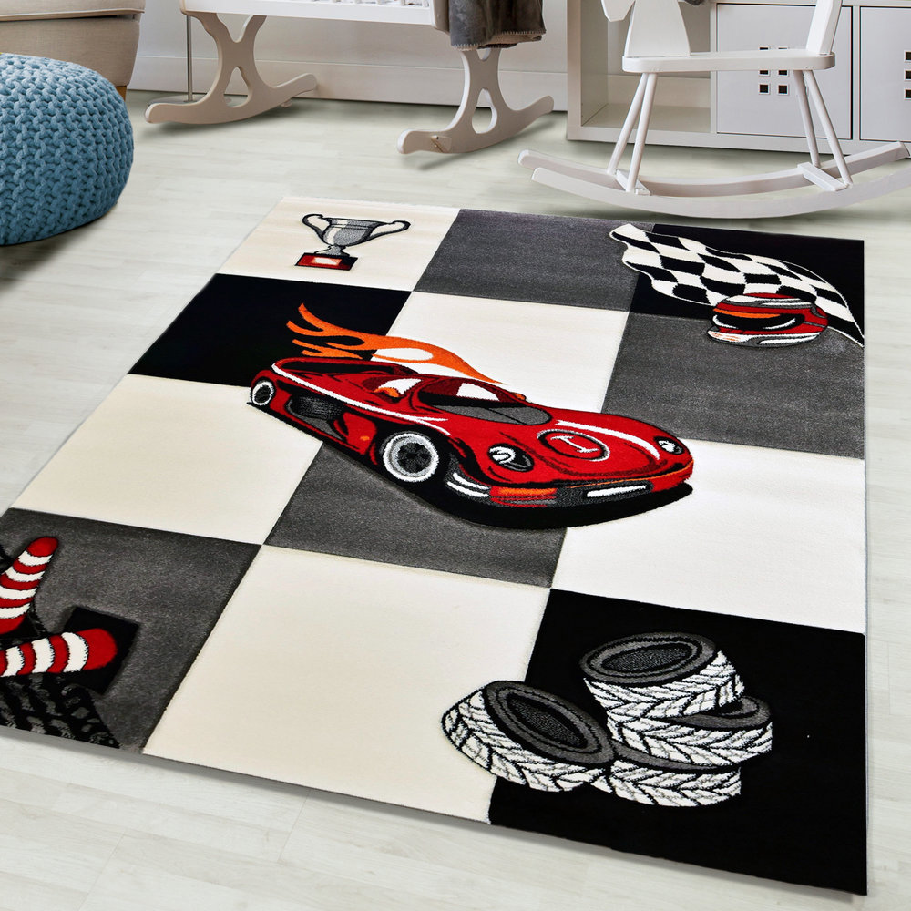 KIDS RACEAUTO KINDERKAMER ZWART / WIT VLOERKLEED