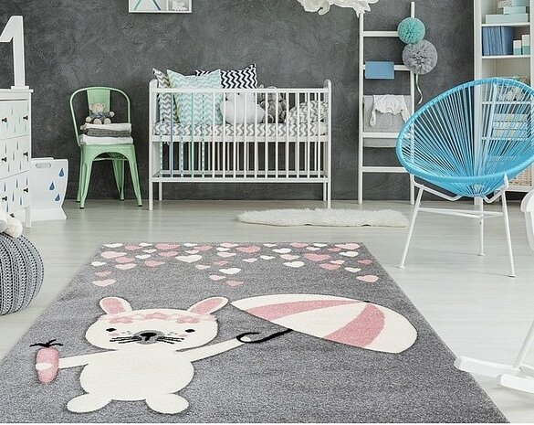 Kids Konijn Grijs Roze vloerkleed -