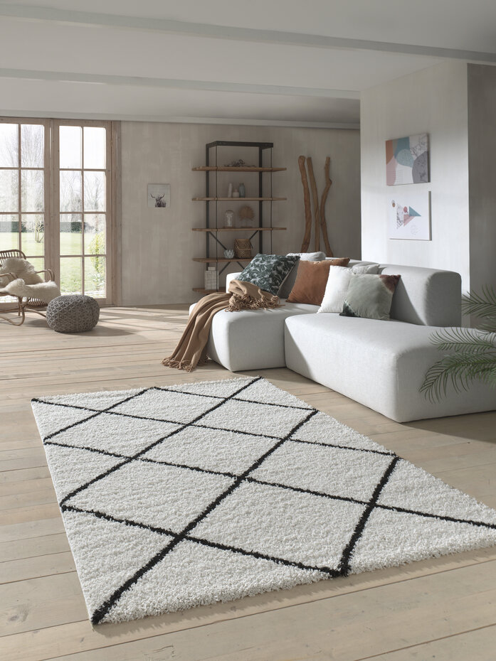 Candy Diamond Hoogpolig Crème / Zwart vloerkleed - Geruit