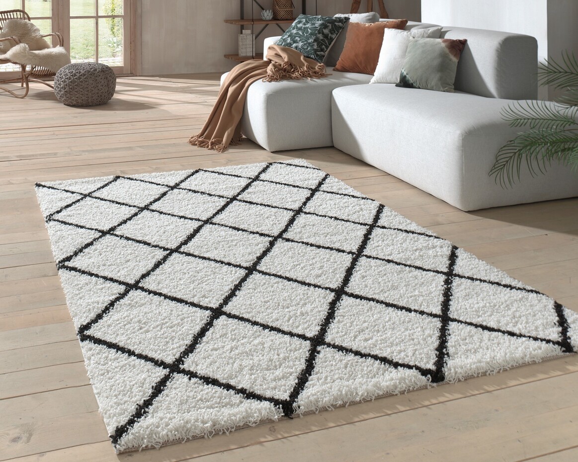 Candy Diamond Hoogpolig Crème / Zwart vloerkleed - Geruit