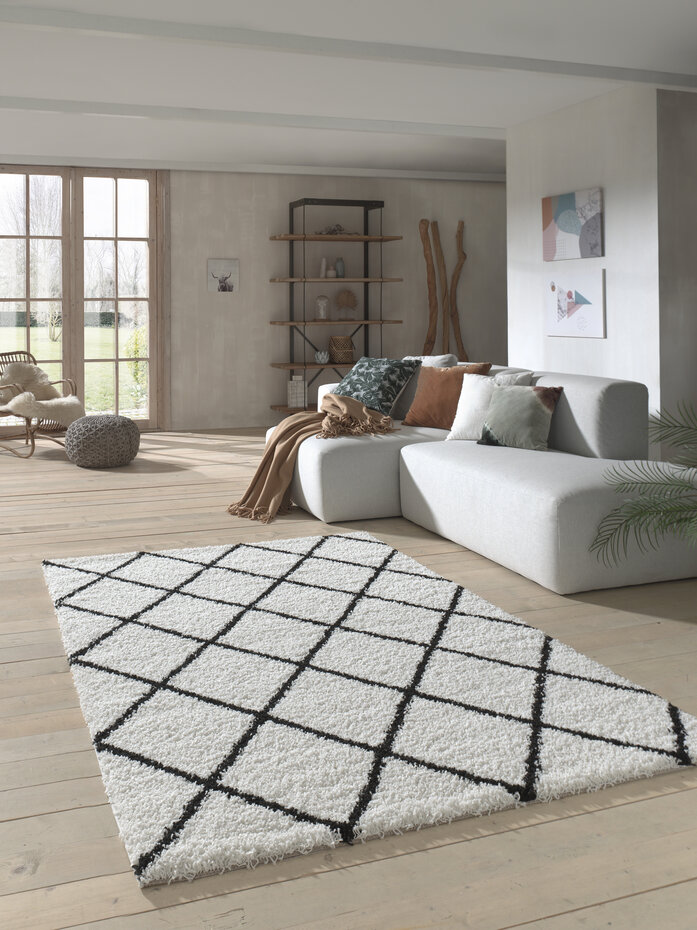 Candy Diamond Hoogpolig Crème / Zwart vloerkleed - Geruit