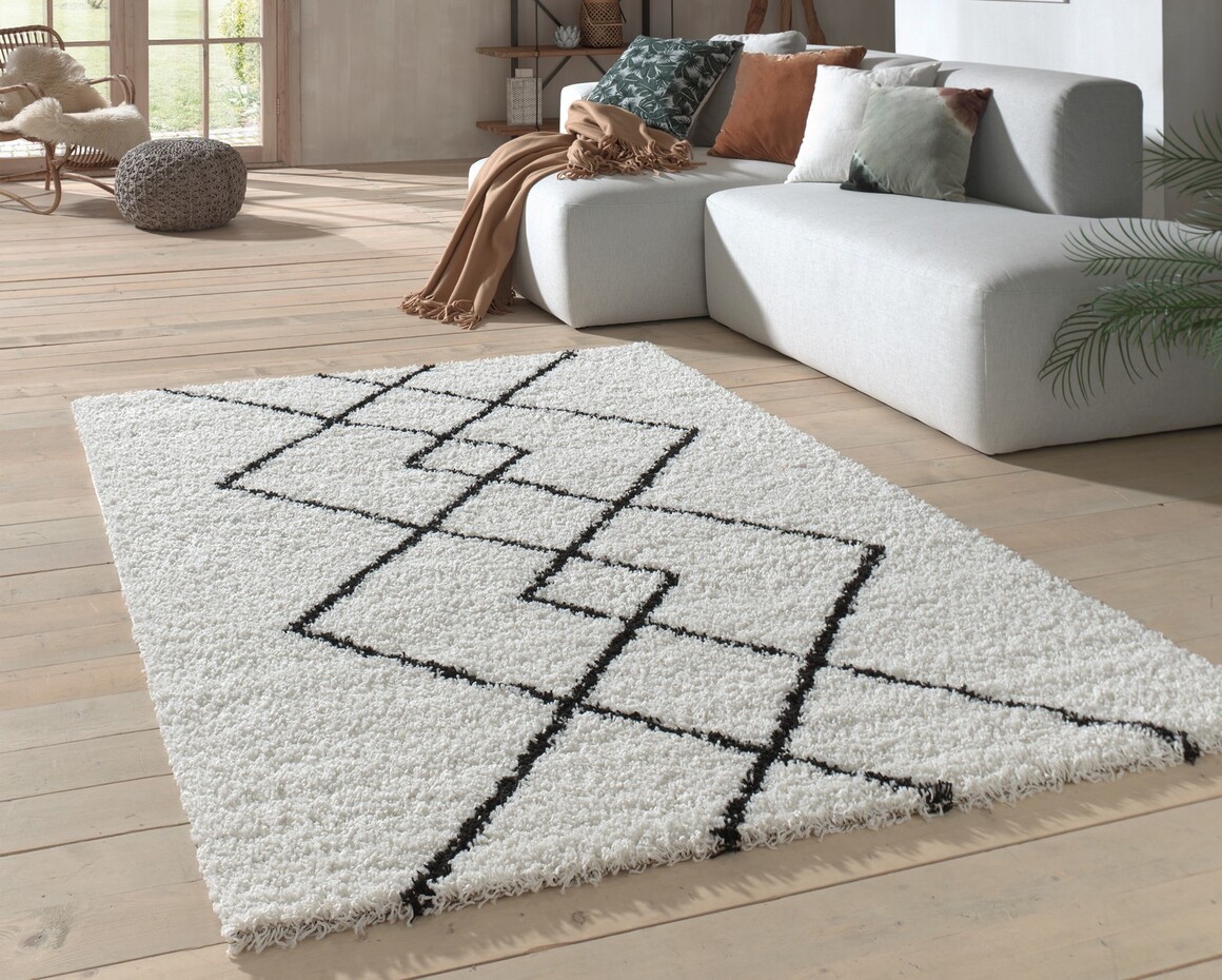 Candy Diamond Hoogpolig Crème / Zwart vloerkleed - Geruit
