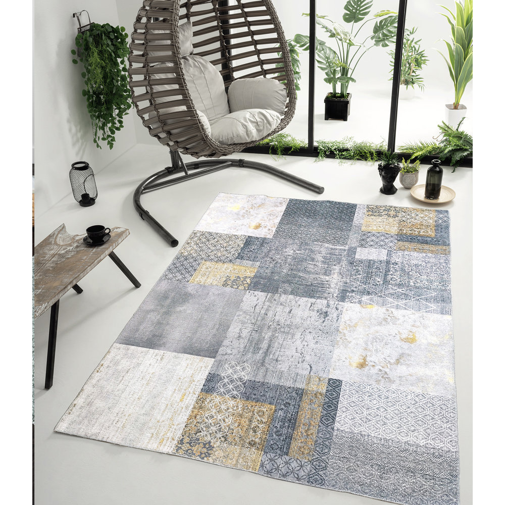 NINOVA VINTAGE PATCHWORK GRIJS / GEEL VLOERKLEED WASBAAR