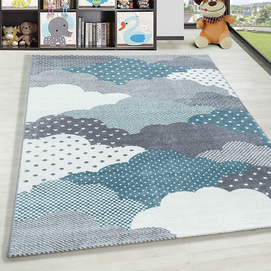Kids Kinderkamer Blauw - Grijs vloerkleed - Wolken