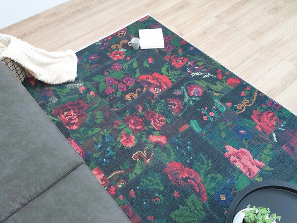 Adrasos Patchwork Zwart vloerkleed - Gebloemd Wasbaar & Waterdicht