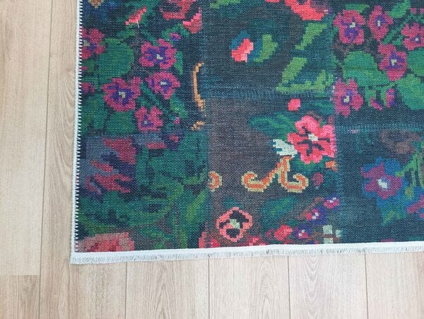 Adrasos Patchwork Zwart vloerkleed - Gebloemd Wasbaar & Waterdicht