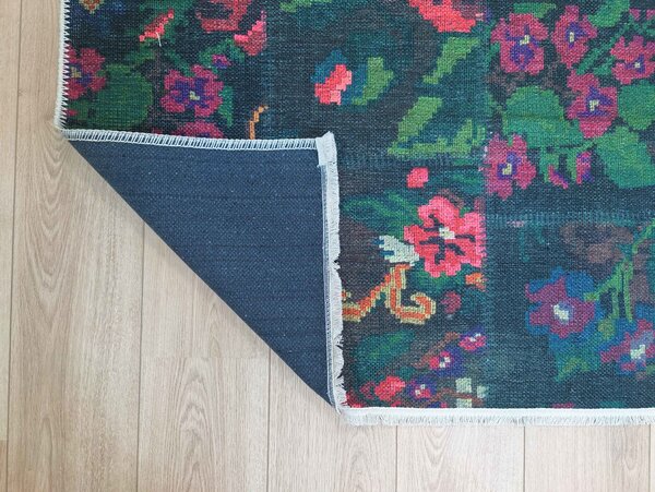 Adrasos Patchwork Zwart vloerkleed - Gebloemd Wasbaar & Waterdicht