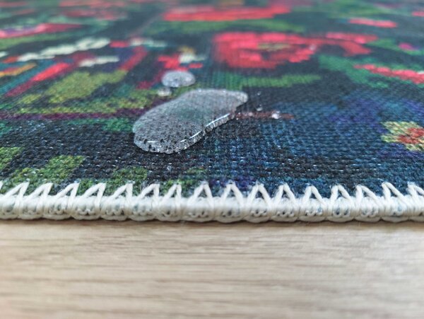 Adrasos Patchwork Zwart vloerkleed - Gebloemd Wasbaar & Waterdicht
