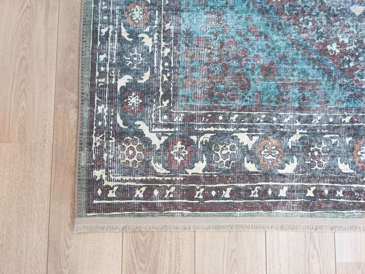 Vintage vloerkleed - Adrasos Medaillon Wasbaar & Waterdicht - Blauw