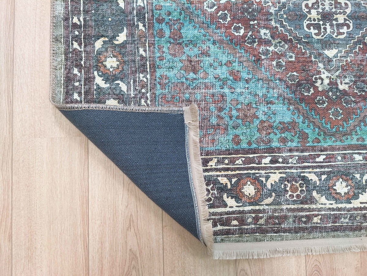 Vintage vloerkleed - Adrasos Medaillon Wasbaar & Waterdicht - Blauw