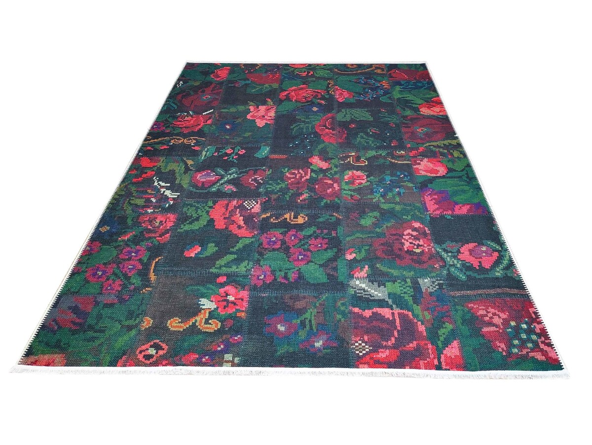 Adrasos Patchwork Zwart vloerkleed - Gebloemd Wasbaar & Waterdicht Adrasos Patchwork Zwart vloerkleed - Gebloemd Wasbaar & Waterdicht