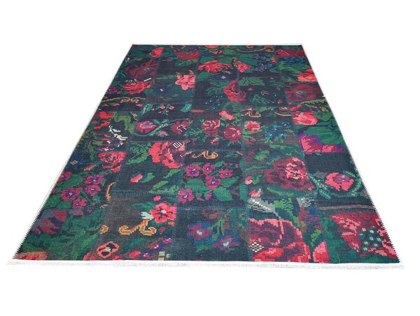 Adrasos Patchwork Zwart vloerkleed - Gebloemd Wasbaar & Waterdicht