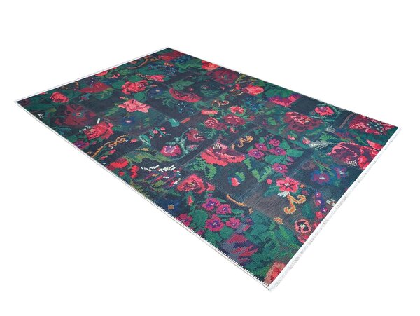 Adrasos Patchwork Zwart vloerkleed - Gebloemd Wasbaar & Waterdicht