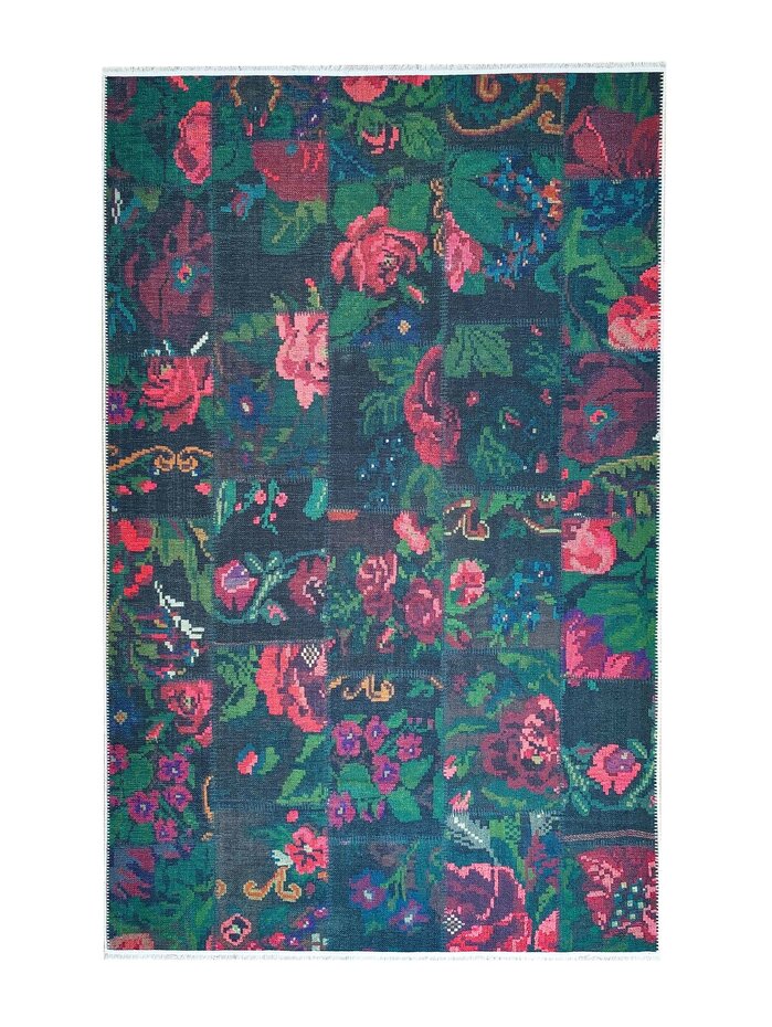 Adrasos Patchwork Zwart vloerkleed - Gebloemd Wasbaar & Waterdicht Adrasos Patchwork Zwart vloerkleed - Gebloemd Wasbaar & Waterdicht