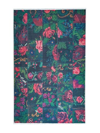 Adrasos Patchwork Zwart vloerkleed - Gebloemd Wasbaar & Waterdicht