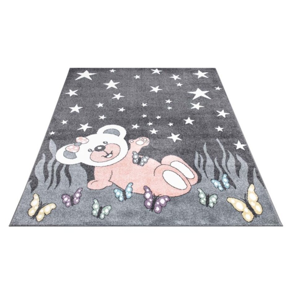 Playful Pals Kids Kinderkamer Grijs / Roze vloerkleed - Beertje