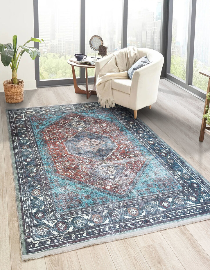 Vintage vloerkleed - Adrasos Medaillon Wasbaar & Waterdicht - Blauw