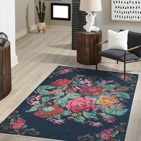 Adrasos Vintage Zwart vloerkleed - Gebloemd Wasbaar & Waterdicht